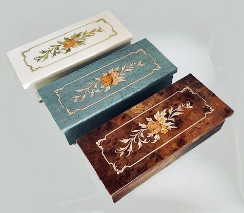 Long and Narrow Musical Box with Floral Pattern in White, Blue or Elm