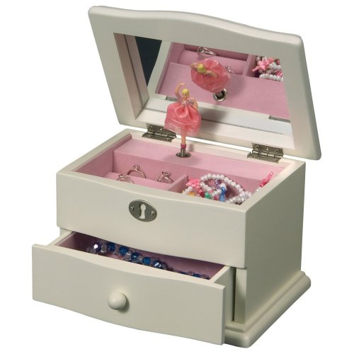 Emmy, a white musical jewelry box with drawer, mirror and ballerina