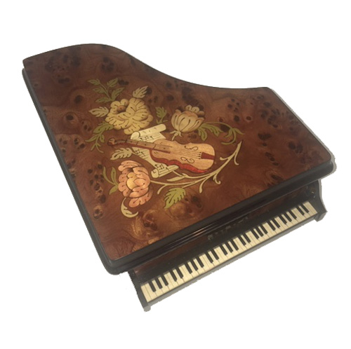 Top view of Italian Marquetry on burl Walnut Piano Music Box