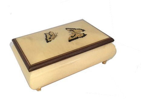 Ivory White Music Box with Two Inlaid Swallowtail Butterflies.  