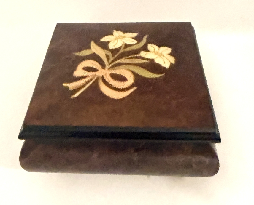 Italian Inlay Music Box with Lilies and Pink Ribbon