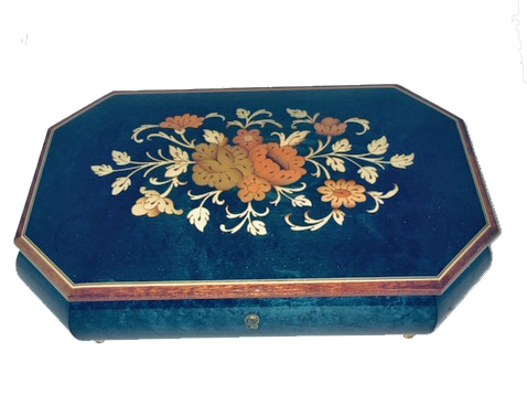 Italian Floral Inlay on large Blue Musical Box (1.18)