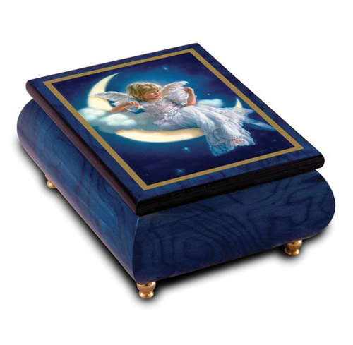 Moonbeam by Sandra Kuck graces the lid of this Blue Ercolano Music Box