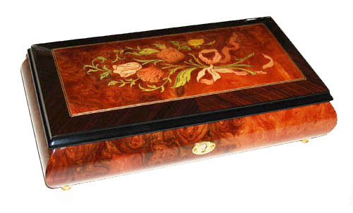 elongated music box with inlaid tulip bouquet and walnut border