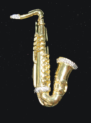 Brooch Saxophone Pave Diamond and 14k Gold