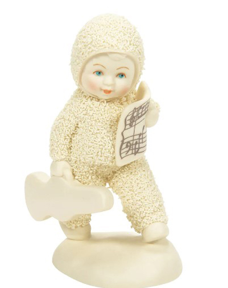 Snowbaby walking to first music lesson with violin and music