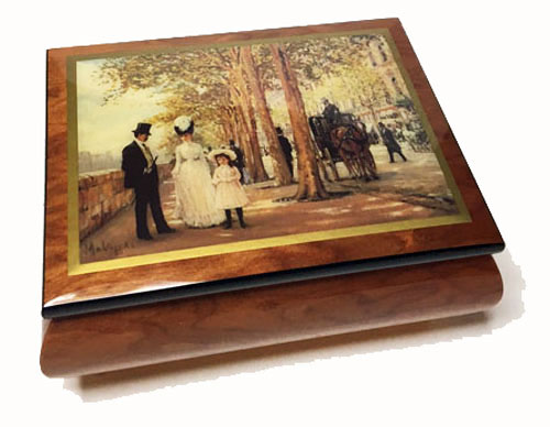 Decoupafe of Maley's Spring on the Qualy on lid of elm music box