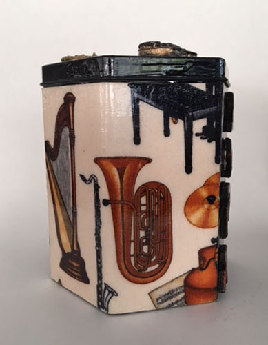 Beautiful Tzedakah Box with hand painted orchestral instruments 