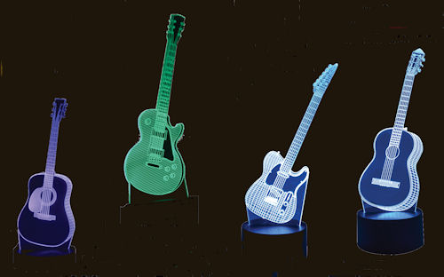 Grouping of the four different Acrylic LED Guitar styled lamps available