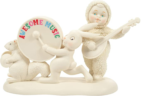 squirrel and rabbit play cymbals and big bass drum with fretted Instrument Snowbaby player.