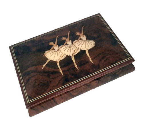 Three Inlaid Ballerinas on Elm Music Box