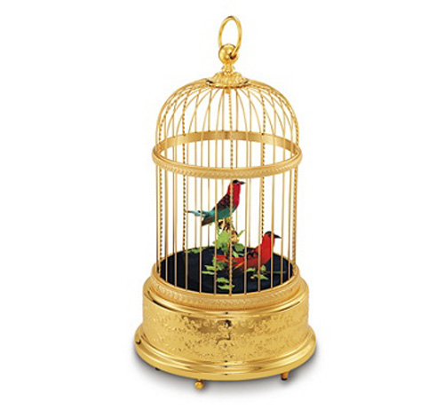 Vintage Reuge Gilt Bird Cage with Red Bird on Perch and Red or Blue below