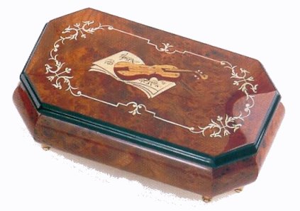 Long and narrow elm music box with trimmed corners and inlay of Violin