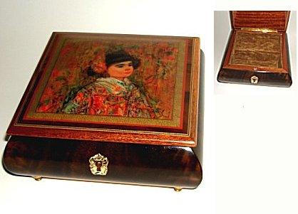 Edna Hibel Decoupage of an Asian Girl on lid of Elm Music Box.