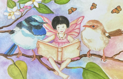 Little fairy reading book to two birds on branch of tree