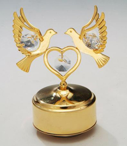 24K Gold Plated or Silver Plated Heart and Two Doves with Austrian Crystals,  Music Box Figurine