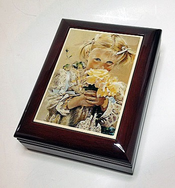 Tiled Collection - Blonde Girl With Flowers on  large Cherry Deluxe Musical Box