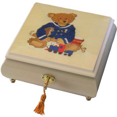 Thread Bear Littlest Conductor on Cream Colored Music Box