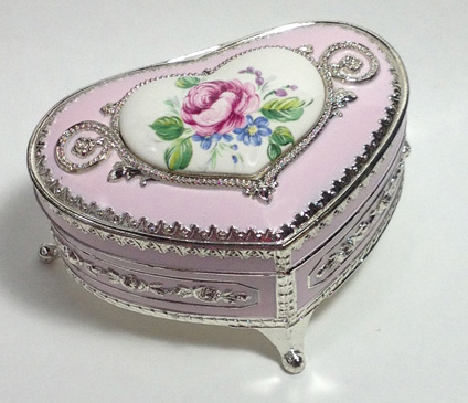 Heart Shaped Enamel Ring Box in Pink with Floral Medalian Design