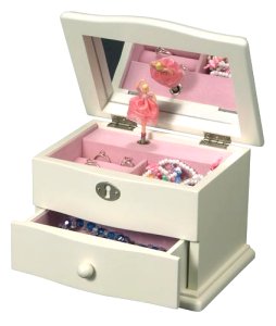 White Musical Jewelry Box with dancing Ballerina. Pink Interior.