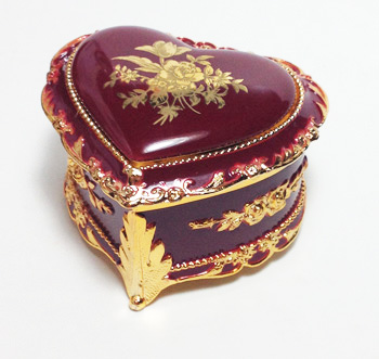 Phantom of the Opera Heart Shaped Enamel Ring Box in Wine with Floral Design