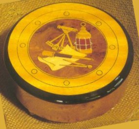 Round Nautical Music Box features Mariner's Tools