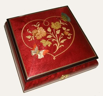 Butterflies and Heart with Flowers adorn lid of Wine clolored musical box