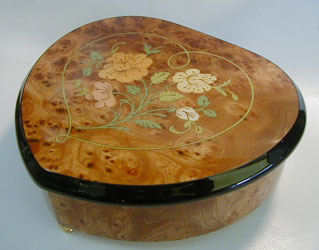 Heart shaped Italian Burl Elm music box with inlay  of Heart and Flowers