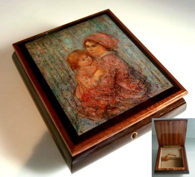 Decoupage Mother and Baby Girl by Edna Hibel on lid of Music Box