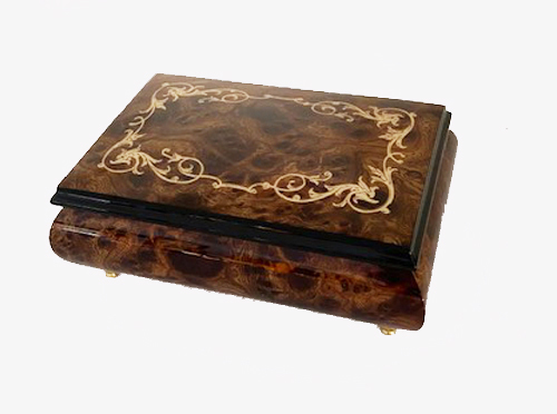 Burl Elm Music Box with Baroque Border