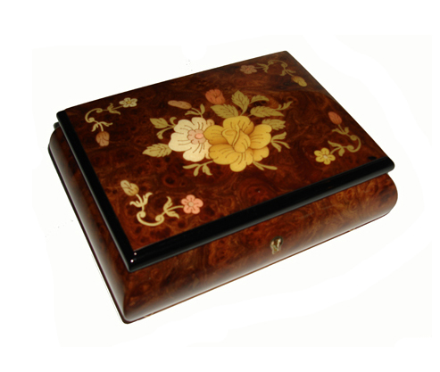 Dark Elm Music Box with Center Floral Paattern and Embellishment in Four Corners