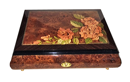 Elm with walnut border music box with roses inlay at corner