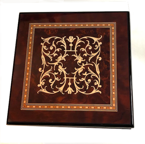 Intricate Scroll Work on Square Walnut Music Box