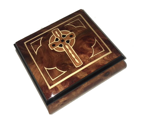 Burled Elm Music Box with Celtic Cross Inlay