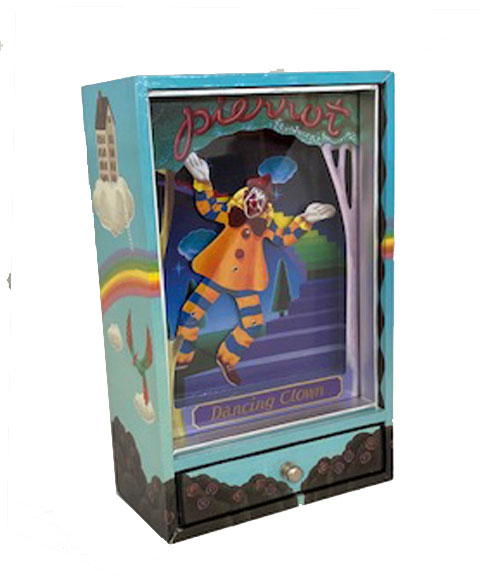 Dancing clown dressed in orange and blue. Shadow box with drawer