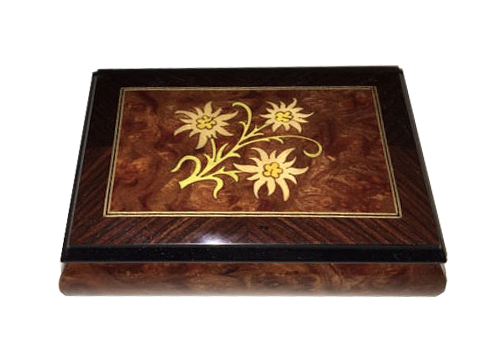 walnut and elm music box with edelweiss inlay