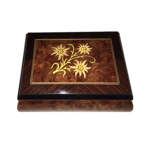 walnut and elm music box with edelweiss inlay