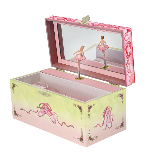 Young Ballerinas, ballet shoes and a kitten adorn this small musical Jewelry Box by Enchantmints. 