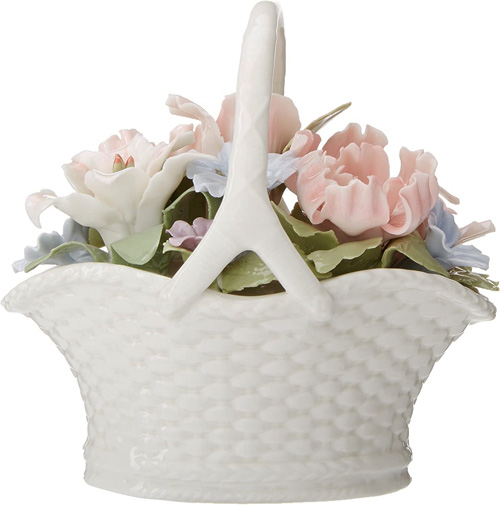 Soft colored Flowers in a basket, porcelain musical figurine