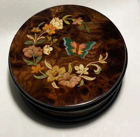 Round Walnut music box with Floral and butterfly inlay