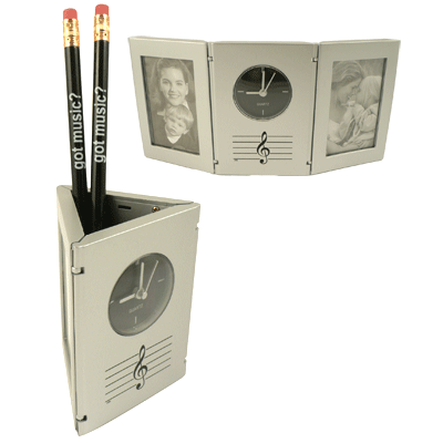 Clock with photo frame and pencil holder.