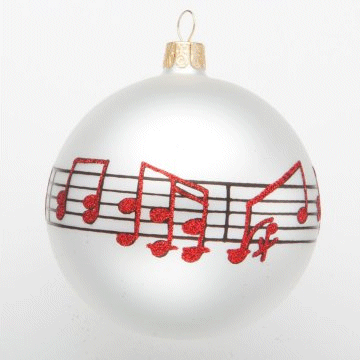 Christmas Tree Ornament White Glass Ball with Red Glitter Music Notes on Staff