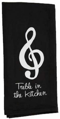 Musician's black Tea Towel that says "Treble in the Kitchen"