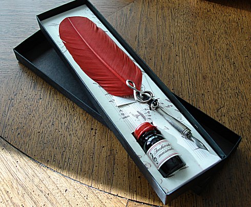 Writing Pen - Old World Red Quill and Ink  with Treble Clef and Black Ink