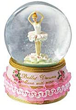 Revolving ballerina dances among roses in glitter globe