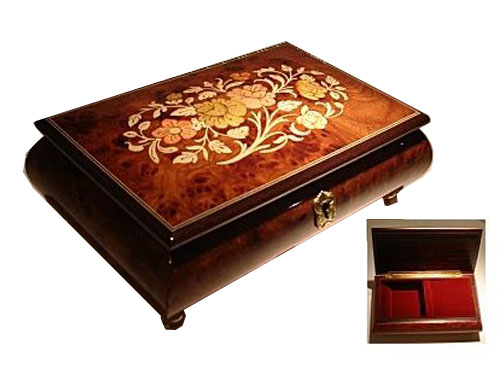 High Gloss Elm Musical Box with Italian Inlay of Oval Floral Design