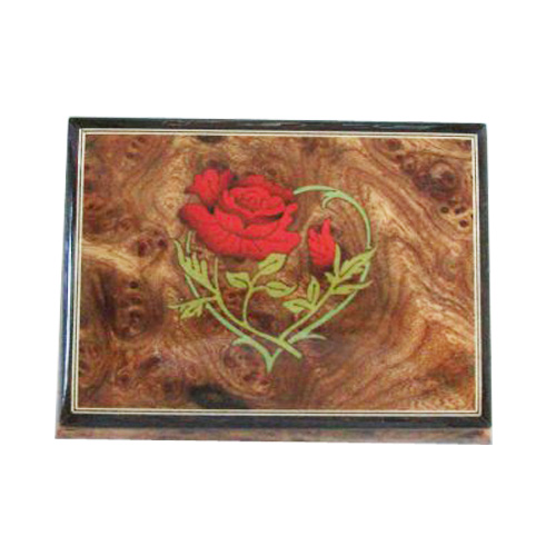 Burled Elm music box with red rose on subtle leafy green heart 