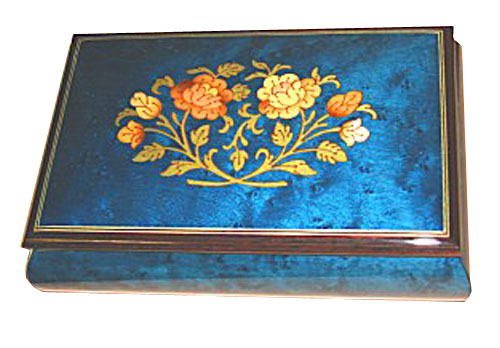 Inlaid Flowers on Royal Blue Musical Box
