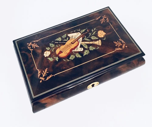 Instrument Inlay within Ornate Frame on Dark Elm Music Box 