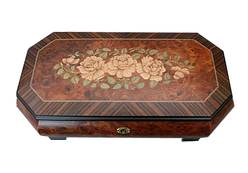 Italian Floral Inlay with Walnut Border on Large Elm Music Box 